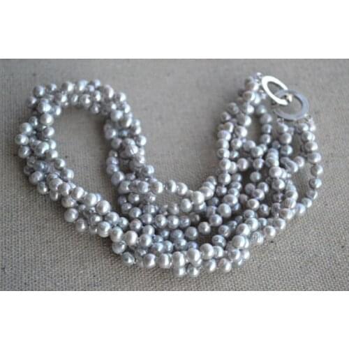 100% Real Pearl Necklace, Gray Color 18 Inches 4Rows 5-6mm Freshwater Pearl Necklace ,Perfect Ladys Jewelry,Handmade