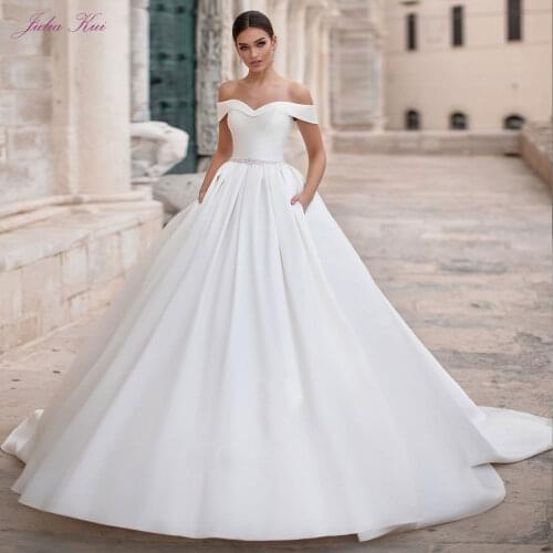 Julia Kui Off The Shoulder A Line Wedding Dresses With Elegant Satin Of Sweetheart Wedding Gown