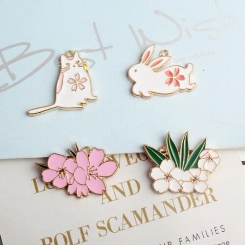 10pcs/bag Cartoon Oil Drop Rabbit Cat Flower Pendant Animal Alloy Enamel Floating Charms DIY Jewelry Accessories Bracelet YZ391