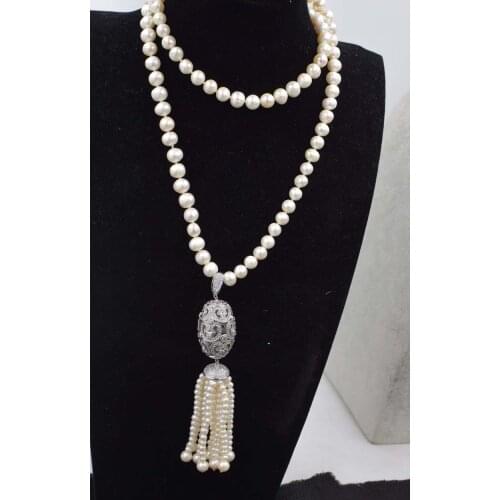 Freshwater pearl white near round and hook pendant necklace 30inch FPPJ wholesale beads nature