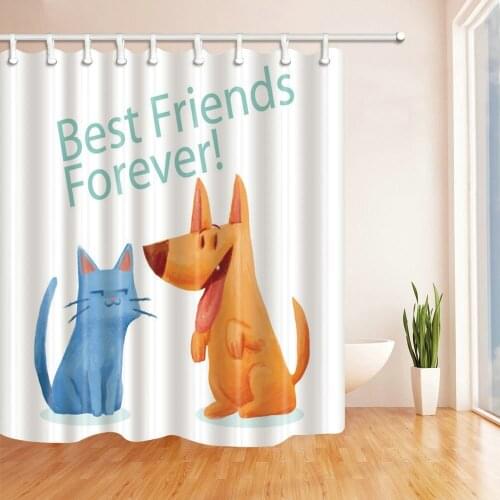 Cartoon Creative Friends Theme Cute Orange Dog Blue Cat Simple White Shower Curtains