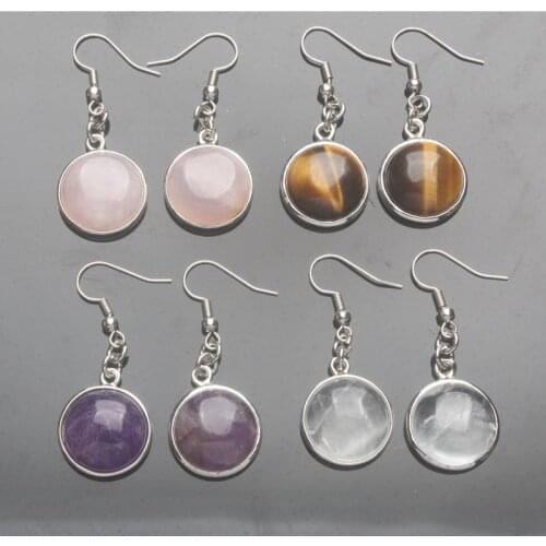 New Onyx Tiger Eye Aventurine Howlite Clear Crystal Rose Pink Quartz Amethysts Stone Disc Inlaid Hook Dangle Earrings 1 Pair