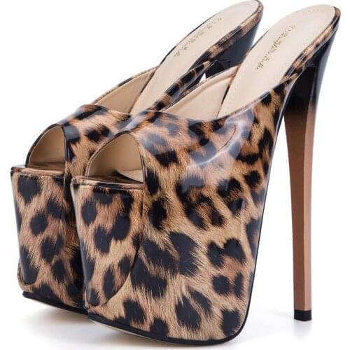 Womens Summer Fashion Leopard Print Super High Heel Slippers Women Clear Transparent Platform Shoes 19cm Plus Size 43-50