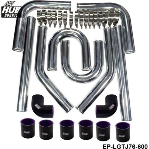 Universal Black 3" 76mm Polished Aluminum FMIC Intercooler Piping Kit DIY Pipe Length:600mm For TOYOTA AE86 4A-GE HU-LGTJ76-600