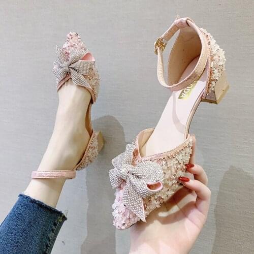 Womens shoes 2021 new exquisite rhinestone bow sequin sandals Korean version of all-match shallow mouth pointed high heels