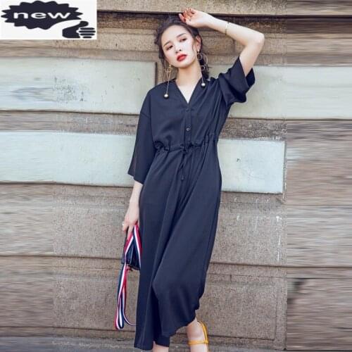 Women Loose Fit V Neck One Piece Jumpsuit Lace Up Waist Wide Leg Overalls Summer Ladies Playsuits Ankle Length Casual Jumpsuits
