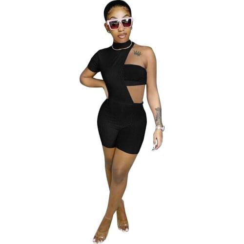 Ribbed Womens Tracksuit Cut Out Side One Short Sleeve Playsuit and Strapless Crop Tops Matching Set Beach Outfits