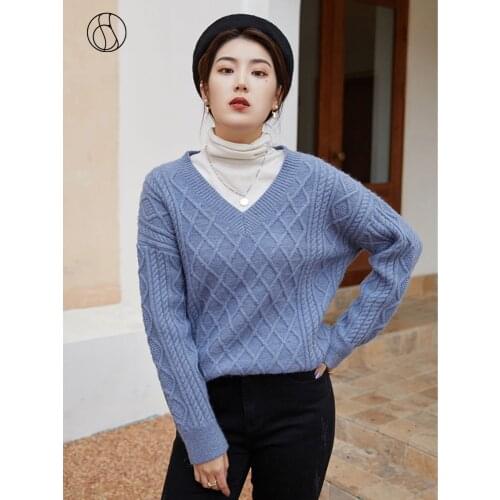 DUSHU Plus size blue v neck knitted sweater Women long sleeve oversized plaid pullover Autumn winter vintage jumper female top
