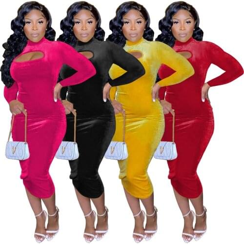 New Velvet Hollow Out Turtleneck Midi Dress Long Sleeve Dress Solid Party Club Bodycon Women Autumn Casual Vestidos