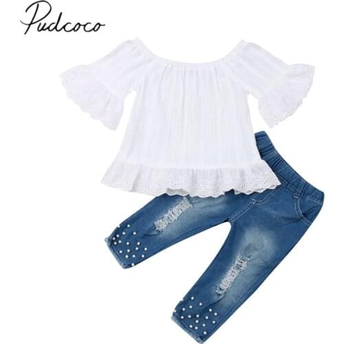 2019 Baby Summer Clothing 1-6Y Toddler Kids Baby Girls White Off Shoulder Tops T-shirt Denim Pearl Long Pants Jeans Outfits Set