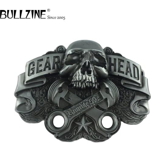 Bullzine hot sale skull gear head western cowboy belt buckle with pewter finish FP-03637 for 4cm width belt drop shipping
