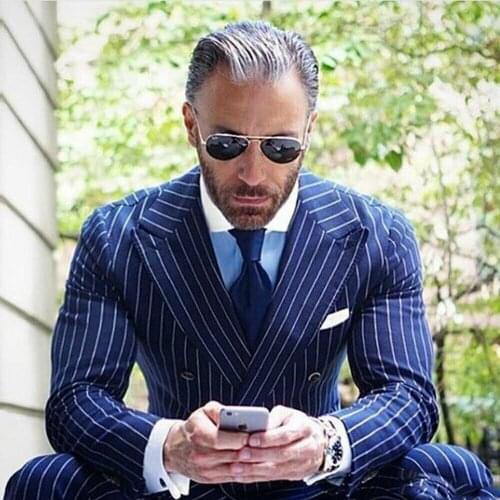Bule Striped Formal Mens Suits Double Breasted Coats With Pants 2 Pieces Business Blazer Tuxedos Terno Masculino Tailor-Made