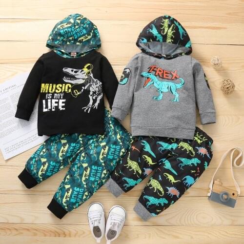 OPPERIAYA 2Pcs Infant Color Block Autumn Cotton Outfits Baby Dinosaur Letter Print Long Sleeve Hooded Sweatshirts Trousers