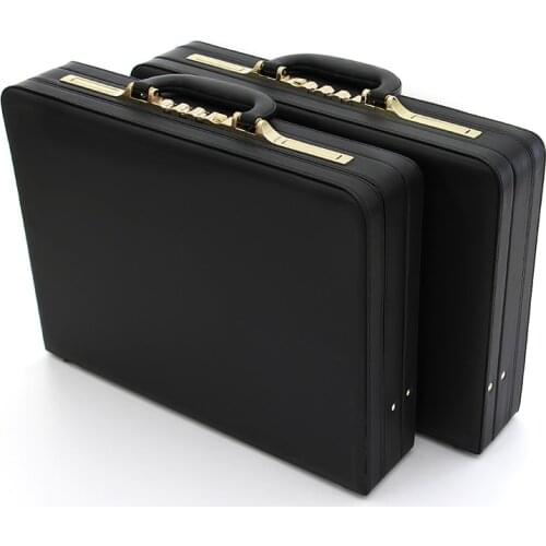 Men Leather Briefcase 18 Inch Blue Lining Black Case Business Laptop Brief Case Password Multifunction Cash Case