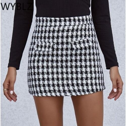 WYBLZ Elegant High Waisted Sheath Wrap Hip Mini Skirt Cotton Houndstooth Plaid with Mock Pocket Autumn Office Lady Clothing