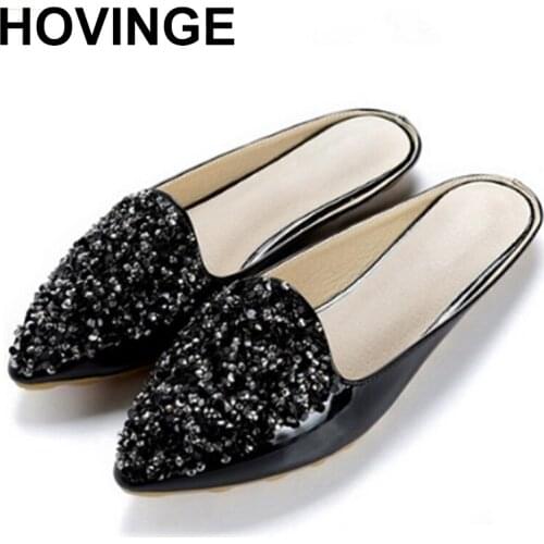 HOVINGE 2020Sequined Fashion Sandals PU Leather Rhinestone Sweet Flat Sandals-Style Soft Soles Peas Slippers
