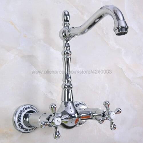 Chrome Dual Cross Handles Wall Brass Gold Hot&Cold Bathroom Kitchen Basin Sink swivel Faucet Mixer Tap Kna966