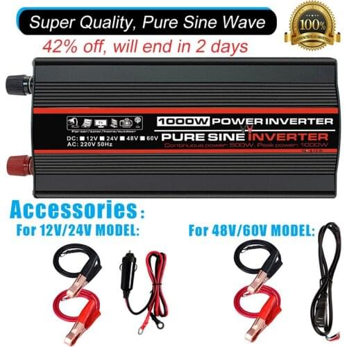 Pure Sine Wave Solar Power Inverter 12v 220v 24v/48v/60v To 220v 1000W/1800W/2000W LCD Display Univeral Socket Car Power Convert