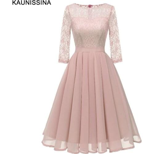 KAUNISSINA Lace Bridesmaid Dresses Shiort Wedding Party Dress 3/4 Sleeve A-Line Fashion Girl Formal Prom Gown