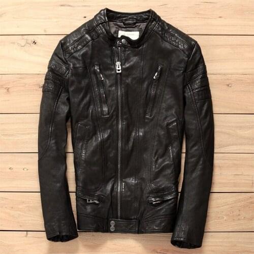 Korean fahsion slim fit genuine stand collar diagonal zipper brand motorcycle jacket for men leather clothing