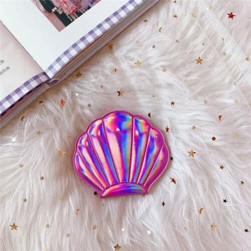 Creative Sea Shell Shaped Holographic Rainbow Colored Magnifying Compact Cosmetic Double Sided Folding Pocket Mirror Portable