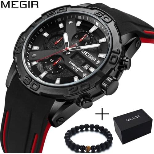 Fashion Megir Men Chronograph Analog Quartz Watch with Date,Luminous Hands, Waterproof Silicone Rubber Strap Wristswatch