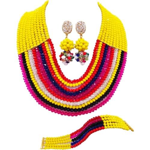 Fashion Yellow and Multicolors Multistrands Afrian Beads Jewelry Set Nigerian Wedding Necklace Sets 10C-SZ020
