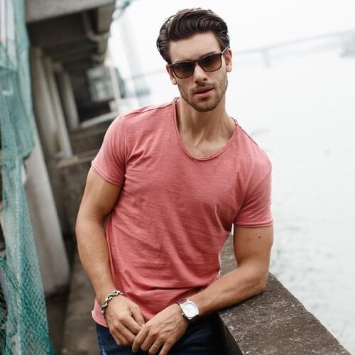 Brand cotton Quality Mens V-neck Short Sleeve T shirt Slim Fit Pure Fashion Mens Tops Casual Tshirt