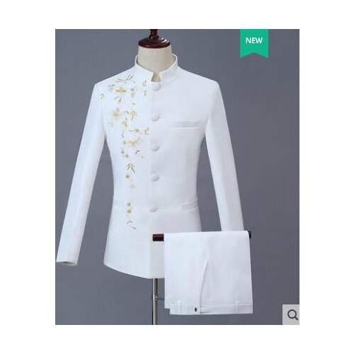 Chorus golden embroidery groom suits for men blazer boys prom mariage suits mens slim Chinese tunic suit stand collar white