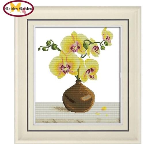 GG Yellow Phalaenopsis Chinese Counted Cross Stitch Embroidery Needleworks Joy Sunday Cross Stitch Stamped Kits for Home Decor