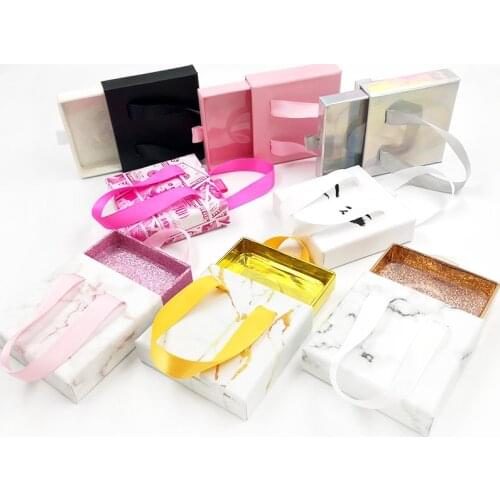 NEW Ribbon Portable Marble Eyelash Packaging Box Wholesale Lashes Boxes Empty Eyelash Package Boxes Case 8-25mm Lash Square Box