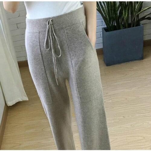 New Elastic Waist Lace-up Women Knitted Wide Leg Pants Autumn Winter Loose Female Sweater Pants 2021 Drawstring Trousers Y90