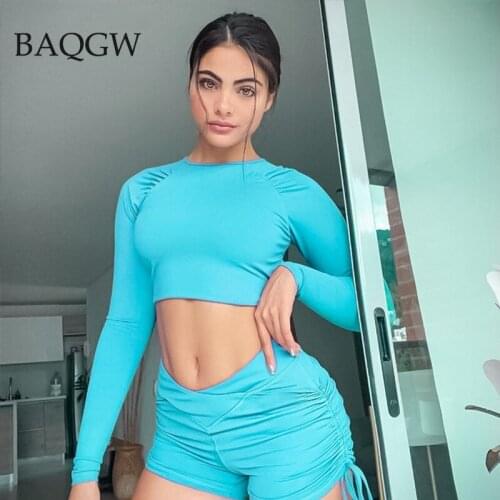 Solid Sexy Backless Fitness Matching 2 Piece Set Long Sleeve Lace Up Crop Top Drawstring Biker Shorts Sporty Tracksuit Outfits