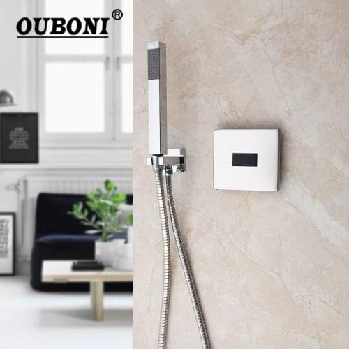 OUBONI Chrome Polish Sensor Bathroom Shower Faucet Solid Brass Rainfall Wall Mounted Single Hand Shower Set Free Touch Control