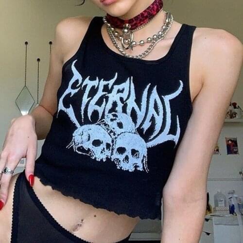 Sexy Punk Goth Crop Tops Women Summer Skull Print Vest Top Black White Fashion Round Neck Sleeveless Slim Tank Top Mujer