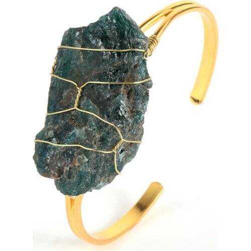Handmade Copper Wire Wrap Irregular Original Natural Blue Apatite Tiger Eye Stone Cuff Bracelet Open Bangles For Women Gold