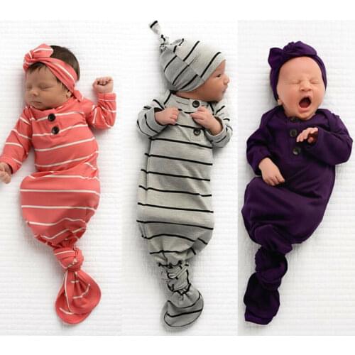 Newborn Baby Sleeping Bag Blanket Swaddle Wrap Bedding Clothes Hat Outfit Set Striped Baby Soft Sleeping bag with headbands
