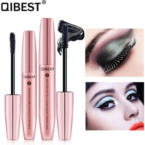 Qibest 4D Silk Fiber Eyelashes Lengthening Mascara Long Lasting Dense Curly Lashes Black 3D Mascara Eyelash Growth Liquid Makeup