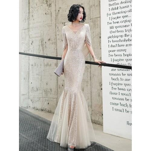 V-neck Champange Evening Dresses Mermaid Elegant Party Prom Gowns Cape Sequins Formal Occasion Dress Half-sleeve Robe De Soriee