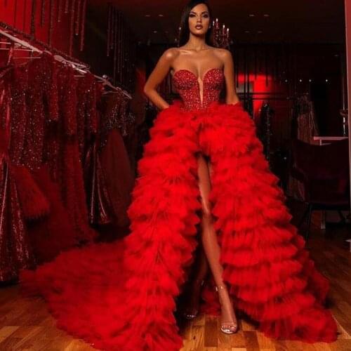 Gorgeous Red Crystal High Low Tulle Evening Dresses Ruffles Tiered Long Tutu Prom Gowns Sweetheart Beaded Party Dress