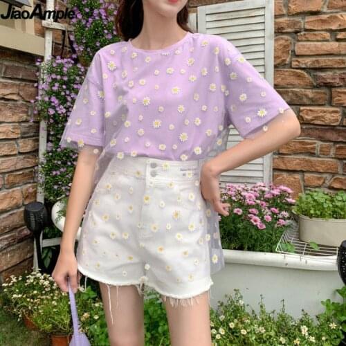 Korean Fashion Sweet Mesh Daisy T-shirt for Women Ins Loose Girl Student Joker Tops 2020 Summer Short Sleeve Streetwear Clothing