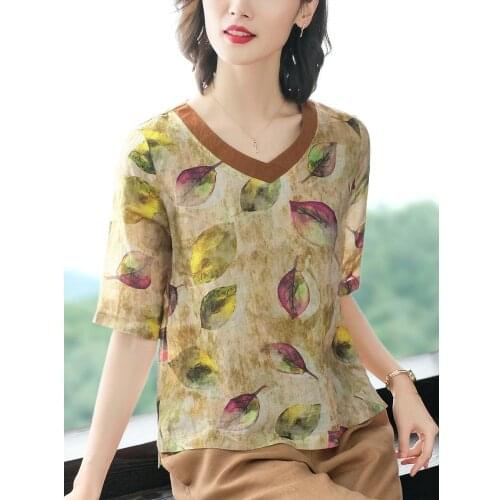 Womens Spring Summer Style Cotton Tees Womens V-Neck Half Sleeve Printed Casual Vintage Tops SP1054