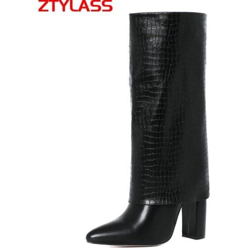 2021 Stone Print Pu Leather Women Boots Square High Heel Mid-Calf Boots Slip On Pointed Toe Autumn Winter Ladies Shoes