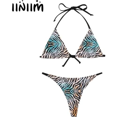 Women 2021 Summer Micro Bikini Swimwear Zebra-stripe Bra Set Swimsuit Swimwear Bathing Suit Halter lace-up Bra Tops with Thongs