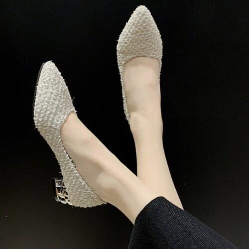 Plus Size Ol Office Lady Shoes Faux Fur Insole Pumps Bling Woman Dress Shoe Pointed Toe Silver Heels Basic Pumps Low Heels
