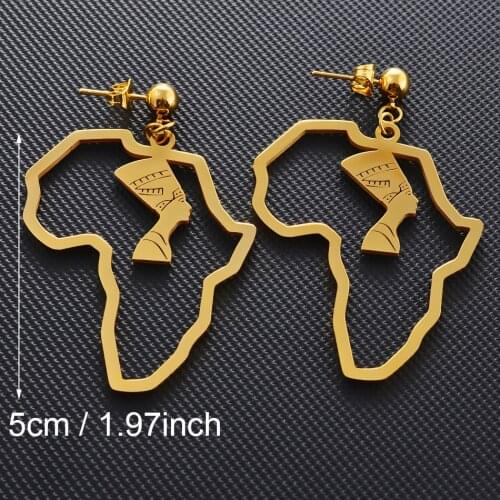 Anniyo Stainless Steel Egyptian Queen Nefertiti Earrings African Map Stud Earrings Jewelry Africa Ethnic Gift #200921