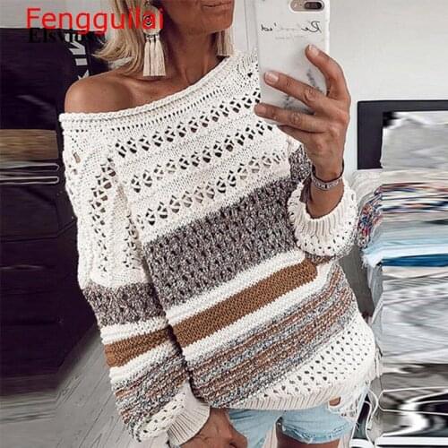 Women Hollow Out Knitted Sweater Sexy Off Shoulder Striped Patchwork Pullover Autumn Winter Long Sleeve Tops Pull Femme