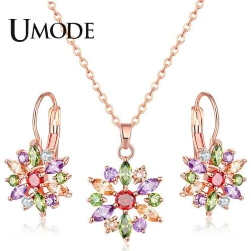 UMODE New Fashion Geometric Flower Pendant Necklaces and Earrings Sets for Women Colorful Zircon Rose Gold Jewelry AUS0085
