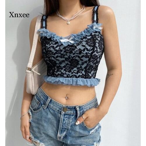 Lace Goth Y2K Crop Top Women Dark Academia Aesthetic Vintage 90S Kawaii Clothes Ruffle Trim Hem V Neck Cute Cami Tops Clothing