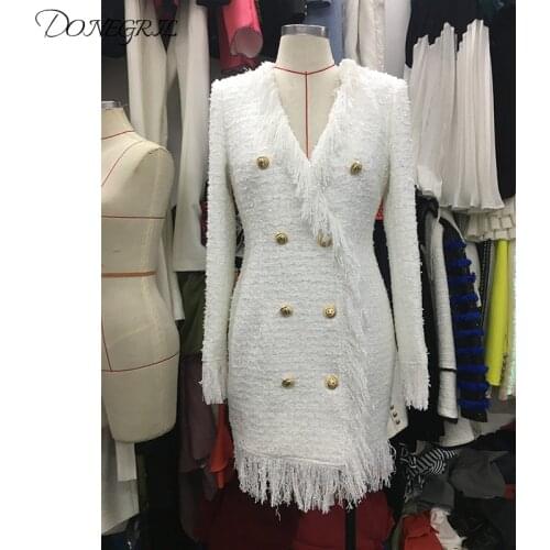 Women Autumn Winter Long Sleeve Tweed Dress Vintage Sexy V-Neck Female Office Lady Double-breasted White Black Tassel Dress